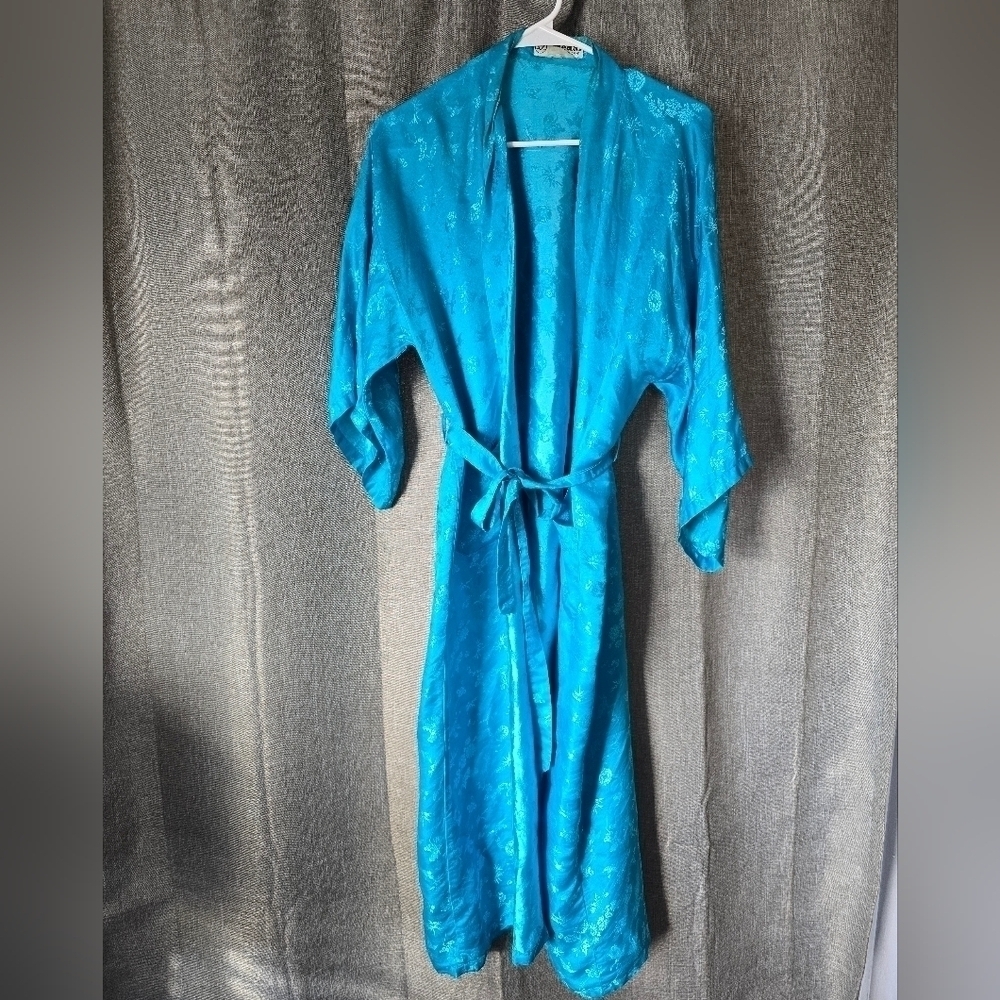 MEDAL Vintage 80s Blue Asian Inspired Satin Robe Size S Kimono Sleeves